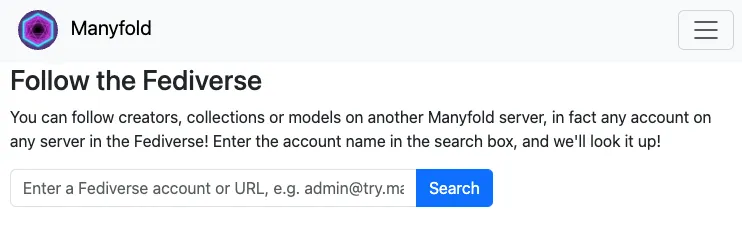 A screenshot of a Manyfold web page with the title "Follow the Fediverse", and a search box