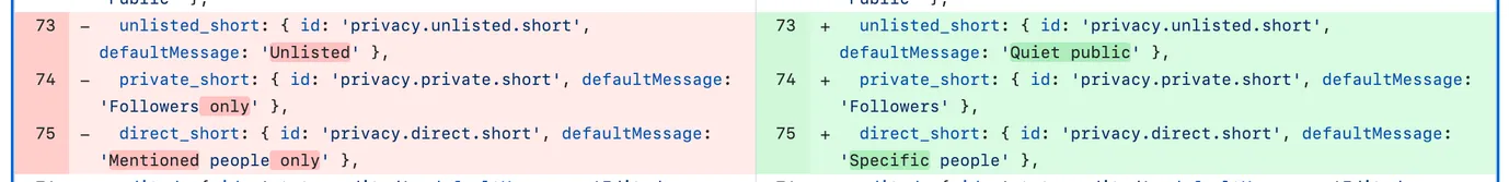 A code comparison showing changes in post visibility settings descriptions, with additions highlighted in green and removals in red.