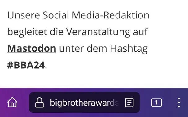 Screenshot von der Website

Text:
Unsere Social Media-Redaktion begleitet die Veranstaltung auf Mastodon unter dem Hashtag #BBA24.