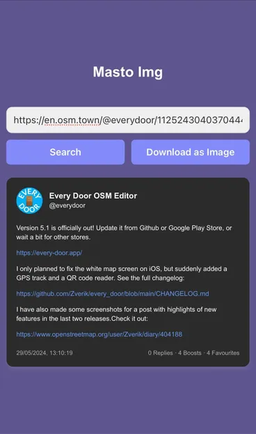 Screenshot of Mast Img. A tool that will generate a downloadable image from a mastodon URL.

This screenshot shows a toot from @everydoor talking about the release of Version 5.1