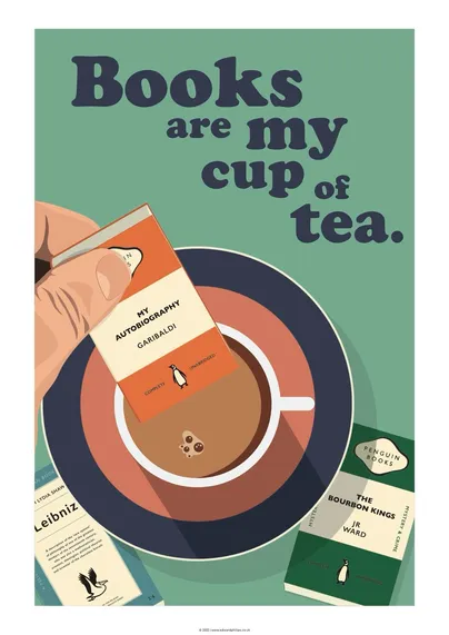 Poster of a book being dipped into tea like a biscuit saying books are my cup of tea