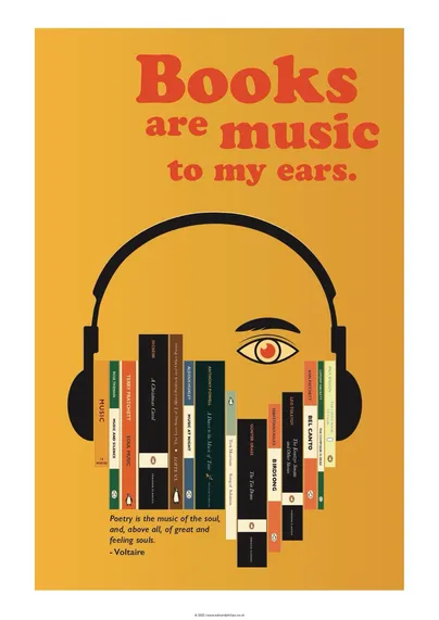 Poster depicting books between headphones saying books are music to my ears