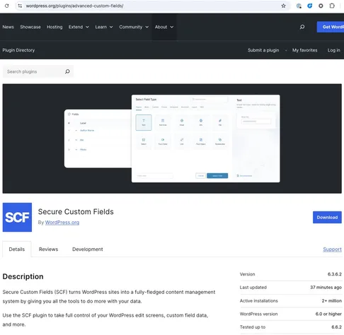 A screenshot of the Advanced Custom Field Pro plugin page, renamed to Secure Custom Fields, and author changed to WordPress.org.