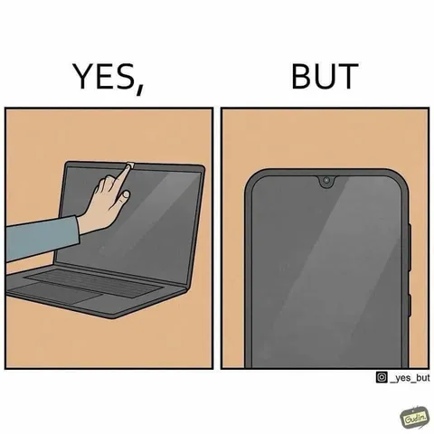 A two-panel illustration. The first panel shows a hand applying the sticker, obscuring the camera with the caption "YES,". The second panel depicts a smartphone screen with a front camera in the notch, labeled "BUT".