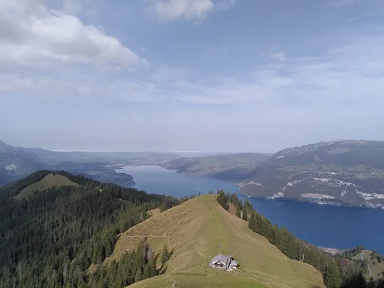 View from the lower slopes of the Morgenberghorn over Lake Thun, Bernese Oberland, Switzerland.