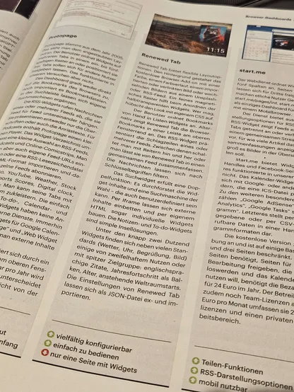 A photo of a magazine on a table. The page has three columns of text for different browser extensions, with screenshots at the top. The center column is titled "Renewed Tab"