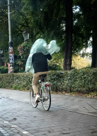 A person cycling along an inner city cycle path in front of a hedge and trees. Some plastic sheet is whirling around the head of the cyclist, probably a rain cover gone wrong in the wind, but looking like attacking ectoplasm just as well.