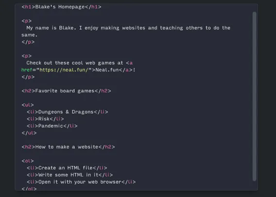 screenshot from Blake Watson's 'HTML for People' book site: black computer screen with white text showing raw html with coding tags in purple