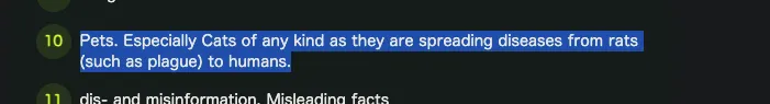 Screenshot of server rule:
“Pets. Especially Cats of any kind as they are spreading diseases from rats (such as plague) to humans.”
Rule is from matrix.rocks