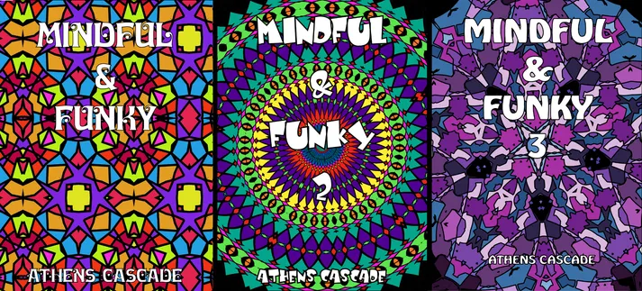 Three book covers for colouring books MINDFUL & FUNKY first with square based pattern, second with sharp ended oval pattern, third with a five pointed star based pattern.