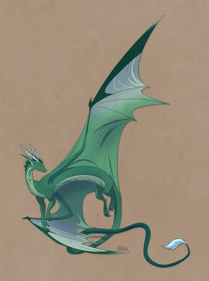 digital illustration of a long green dragon with one wing up. he has ice blue antlers and a tuft of hair on the end of his tail in the same colour.