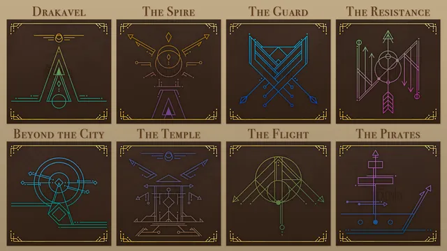 digital illustration of a series of geometric emblems for the following factions: Drakavel, The Spire, The Guard, The Resistance, Beyond the City, The Temple, The Flight, and The Pirates