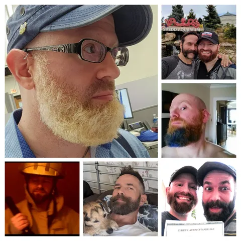 Photo collage of me, my husband and our dog. I'm the blonde/blue/red bearded one, he's the one with the consistently dark beard. Our dog is a terrier/dachshund/other mutt. Clockwise from the big left photo. Me solo, blue hat, blonde beard, black glasses. Hubs and I at the Aquarium, me trying blue and ginger beard, us with our marriage license, him with the dog resting on his chest. Me in fireman gear when I did this thing for the Discovery channel, reenacting true crime stuff. I played a fireman who found dead kids from a fire and suspicious stepdad. 