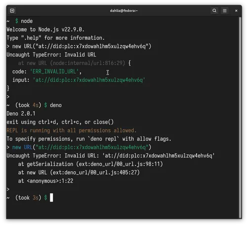 Node.js:

> new URL("at://did:plc:x7xdowahlhm5xulzqw4ehv6q")
Uncaught TypeError: Invalid URL
    at new URL (node:internal/url:816:29) {
  code: 'ERR_INVALID_URL',
  input: 'at://did:plc:x7xdowahlhm5xulzqw4ehv6q'
}

Deno:

> new URL("at://did:plc:x7xdowahlhm5xulzqw4ehv6q")
Uncaught TypeError: Invalid URL: 'at://did:plc:x7xdowahlhm5xulzqw4ehv6q'
    at getSerialization (ext:deno_url/00_url.js:98:11)
    at new URL (ext:deno_url/00_url.js:405:27)
    at <anonymous>:1:22
