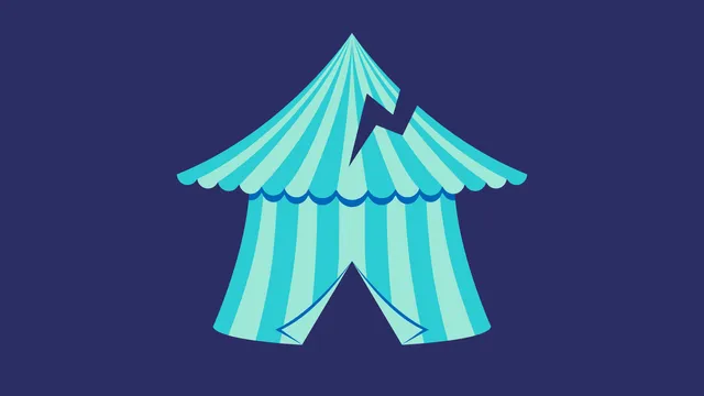 A logo of a turquoise striped circus tent, with a lightning bolt cutout in the dome, on a dark indigo backdrop.