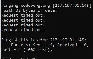 Pinging codeberg.org [217.197.91.145] with 32 bytes of data:
Request timed out.
Request timed out.
Request timed out.
Request timed out.

Ping statistics for 217.197.91.145:
    Packets: Sent = 4, Received = 0, Lost = 4 (100% loss),