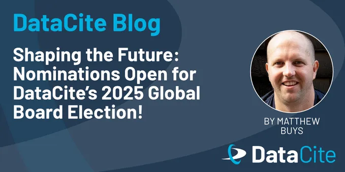 Image features the DataCite Blog header, announcing the opening of nominations for DataCite’s 2025 Global Board Election. It includes a circular photo of Matthew Buys alongside the text.