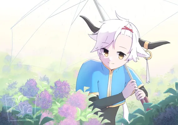 Ritzueli's original character Elijah looking at flowers while holding a transparent umbrella.