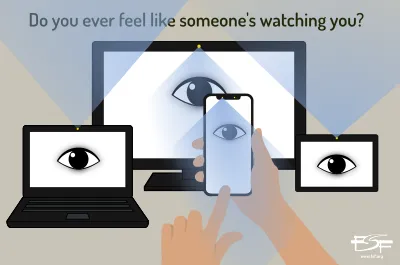 Eyeballs on various screens with text at the top that says, "Do you ever feel like someone's watching you?"