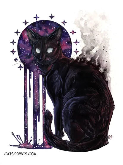 A black cat turning into smoke with a 12 star halo made of the cosmos. Done in Gouache