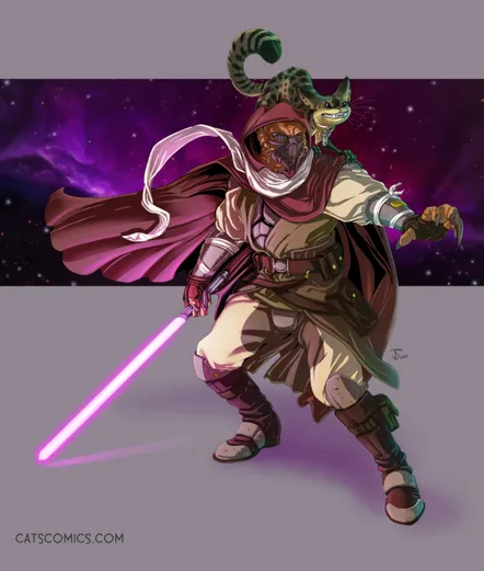 Fan Star Wars OC of a Kel Dor Jedi with a Lothcat on his shoulder with a space background done in digital.