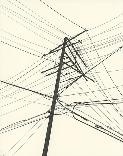 Black ink drawing, silhouetted of a utility pole and power lines