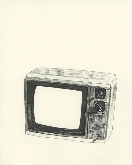 Black ink drawing of a boxy square television set with a blank screen