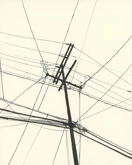 All images are black ink drawings, silhouettes of utility poles and power lines