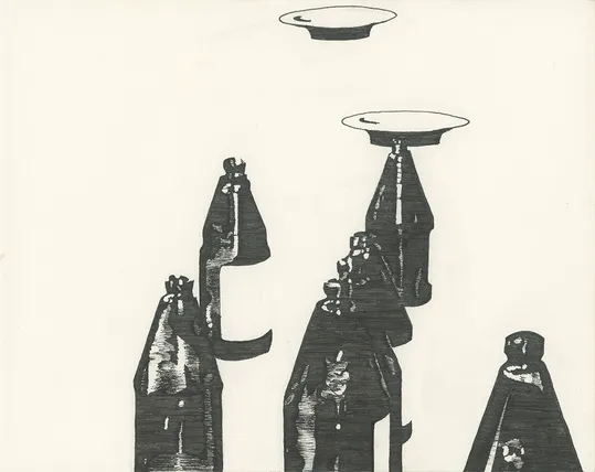 Black ink drawing of several bottles of bear and two ash trays