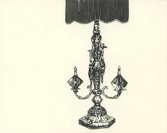 Black ink drawing of an intricately detailed and shiny table lamp with a dark lampshade