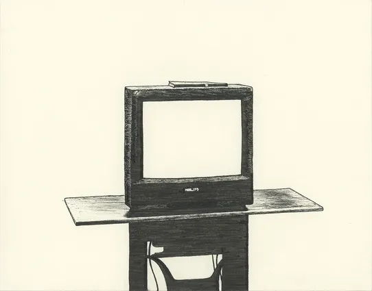 Black ink drawing of a television on a wooden stand with a slim paperback resting on top of it