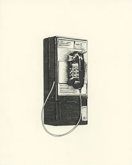 Black ink drawing of a payphone on a wall
