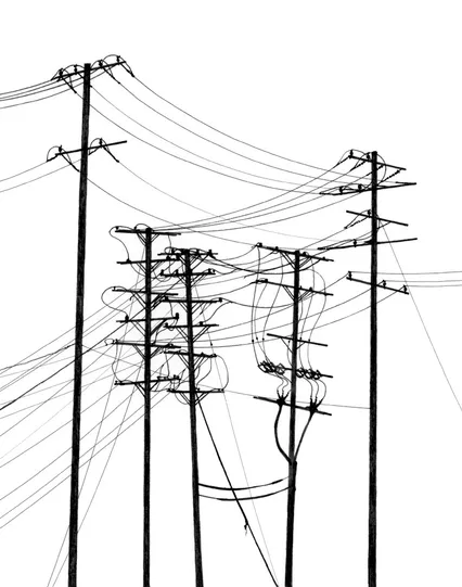 Black ink drawing, silhouette of a lot of utility poles strung together by a tangle of power lines