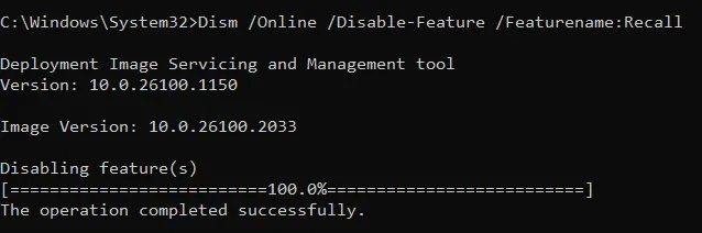 A screenshot of what it looks like to run the Disable-feature command in an admin command line terminal along with the subsequent output. 