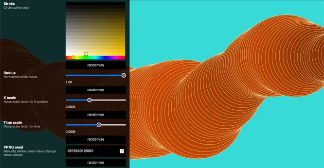 Still screenshot of an animation of a few hundred orange circles on blue background with an overlaid parameter editor on the LHS, showing a subset of design parameters to control the anim & circle colors, sizes, arrangement, movement...