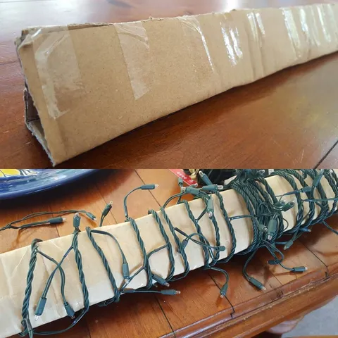 Collage of two photos:

Top: Triangular tube made by folding and sticking a long piece of cardboard.

Bottom: Christmas tree lights wrapped around the cardboard triangular tube.