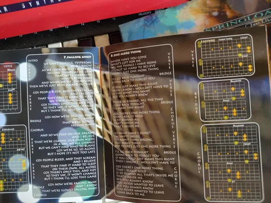 A page from the booklet that came with the new Springloader album showing not just the song lyrics but also the guitar tunings and chords for the songs.