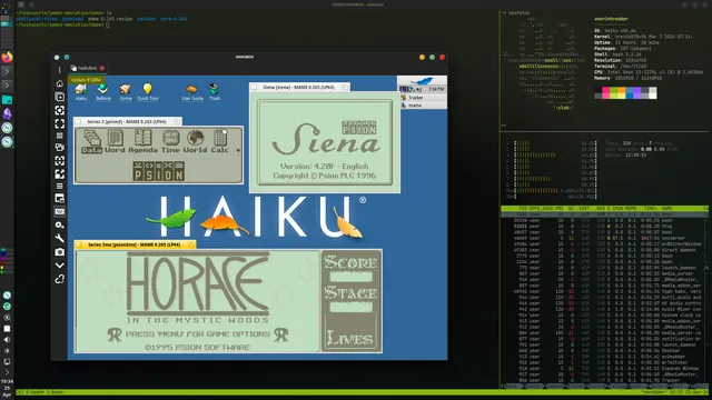 A screenshot of a KDE Plasma desktop, running on Arch Linux. The main window in the background is Konsole running an SSH session to a Haiku box, which is running tmux. In the foreground is a Remmina window, connected a VNC session on the Haiku box. On the Haiku desktop, three copies of the MAME-based Psion emulator are running - a Series 3, a Siena and a Series 3mx. The 3mx is running the game "Horace In THe Mystic Woods."