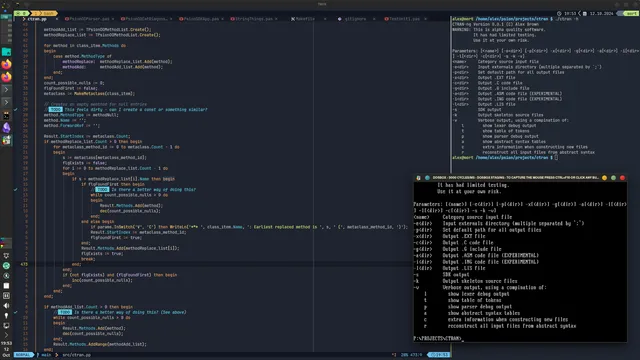 A screenshot of KDE Plasma running on Arch Linux. The background window is Kitty running tmux. In the main tmux pane is NeoVim showing some CTRAN-ng source code, written in Object Pascal. In the smaller pane on the right is CTRAN-ng's help output. In the foreground is a copy of DOSBox Staging, also showing CTRAN-ng's help output. Both have been compiled with Free Pascal.