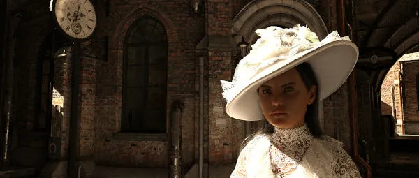 Anglo-indian woman in strong sunlight. She is wearing white Edwardian costume against industrial brickwork buildings.