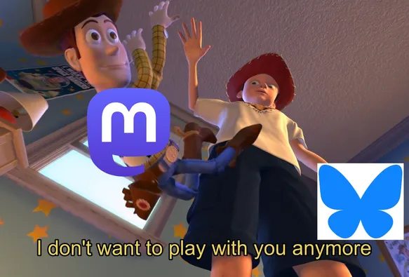 meme of toy story which has the kid dropping the old toy (the mastodon logo) and dropping it on the floor, replacing it with the new toy (bluesky logo)