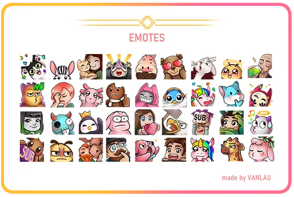 Eine Übersicht an unterschiedlichen kleinen Twitch Emotes. Niedliche Katze mit Konfetti, knuddelige Hasen, Pinguine, Füchse und Charactere erstellt von vanlau für unterschiedliche Twitch Streamer