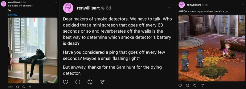 The same posts as the ones I did on mastodon, but on Threads one about my cat, one funny one about smoke detectors, and a funny screenshot from a game.