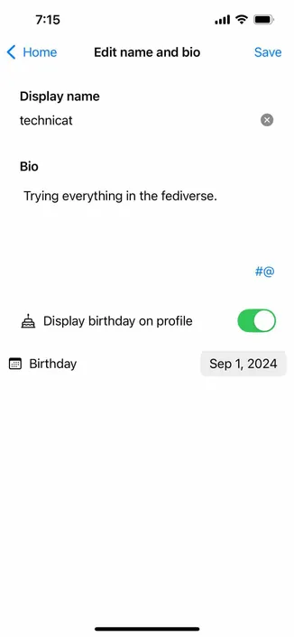 screenshot of profile options including name, bio, and birthdate 