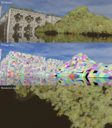 An illustration showing how tree sprites are spawned in our demoscene production A New World Awaits (2021).