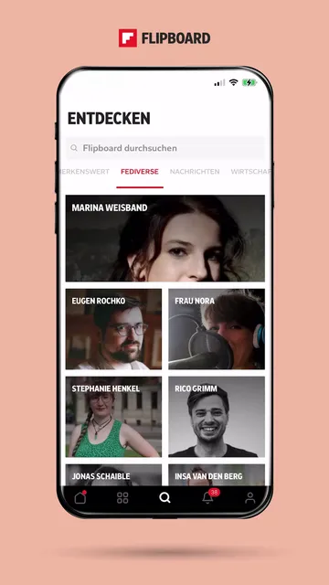 Ein Video von dem Fediverse-Tab in der Flipboard-App, das verschiedene Mastodon-Profile zeigt.