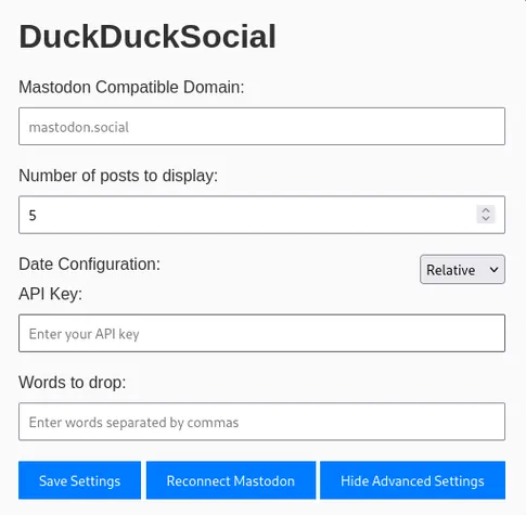 Screenshot of duckducksocial options page with new options for 'date configuration' and 'words to drop'