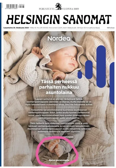 A newspaper cover featuring a sleeping baby in a cozy sweater, positioned on a textured blanket. The headline mentions "Nordea" and discusses parental leave, emphasizing financial support for families. The design incorporates graphical elements and text in Finnish.