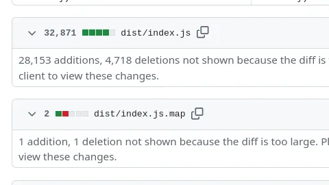 Screenshot of a github pull request of a github action with generated files that changed with too many changes so github won't display them.