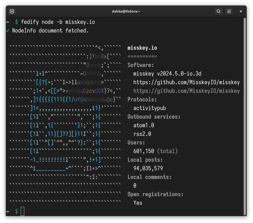 The result of fedify lookup misskey.io. The NodeInfo document is visualized along with the favicon.